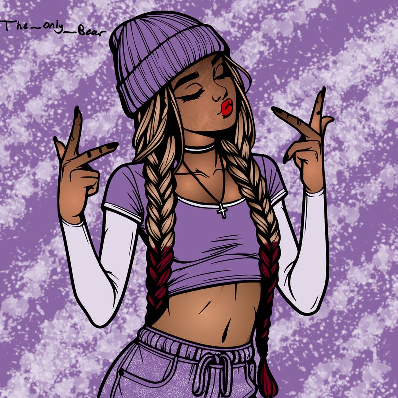 realistic teenage girl with braids and a beanie and crop top doing 🫶🏼