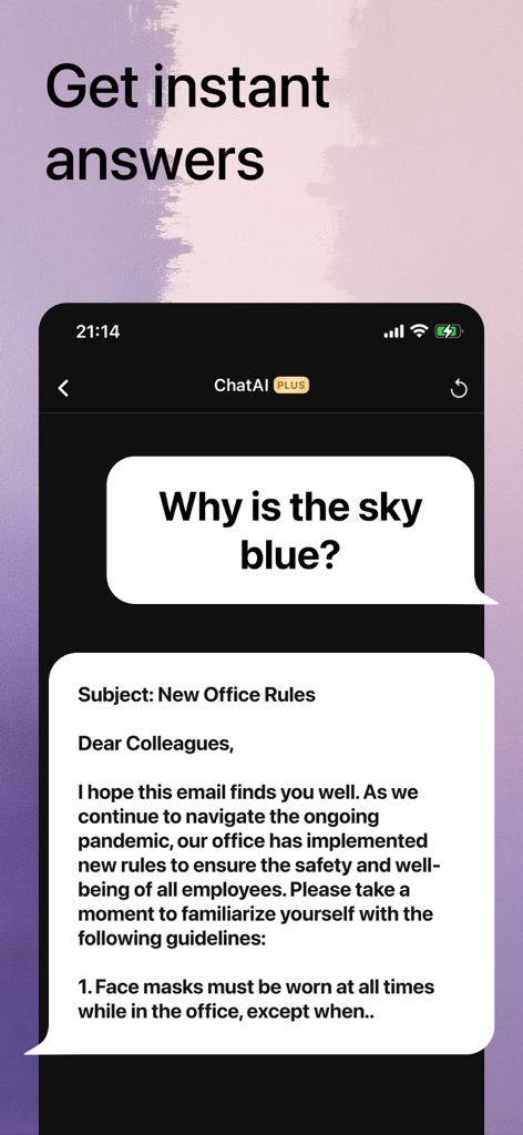 Chat AI: Ask Chatbot Assistant - Interface of Chat AI app showing a general knowledge question and a professional email draft