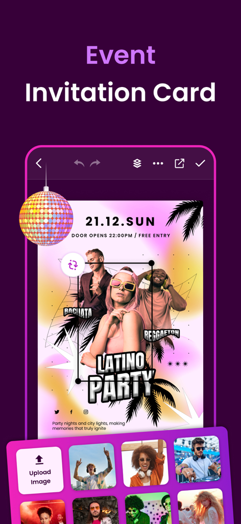 Invitation Maker - Card Maker - Mobile app interface showing the customization of a Latino Party invitation card with photos and graphic elements