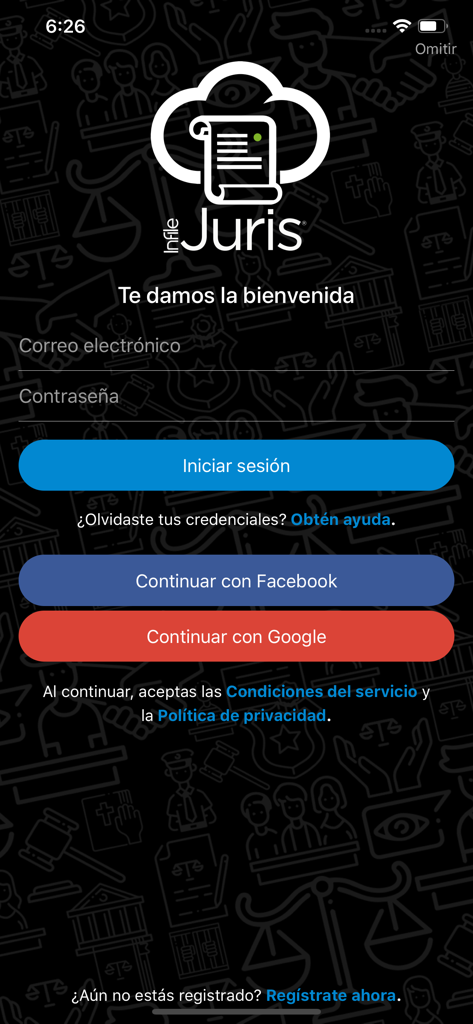 Schermata di accesso per l'app Infile Juris con campi email e pulsanti di accesso social per Facebook e Google