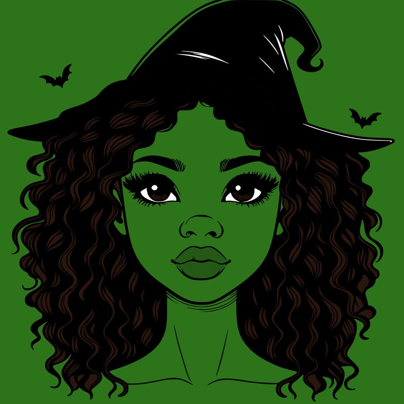 realistic black girl with wavy hair and witch hat and nose and lips