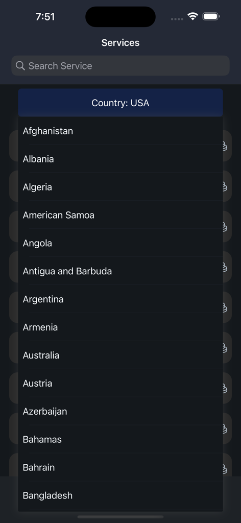 Interfaz que muestra una lista de países disponibles para servicios de verificación por SMS y correo electrónico