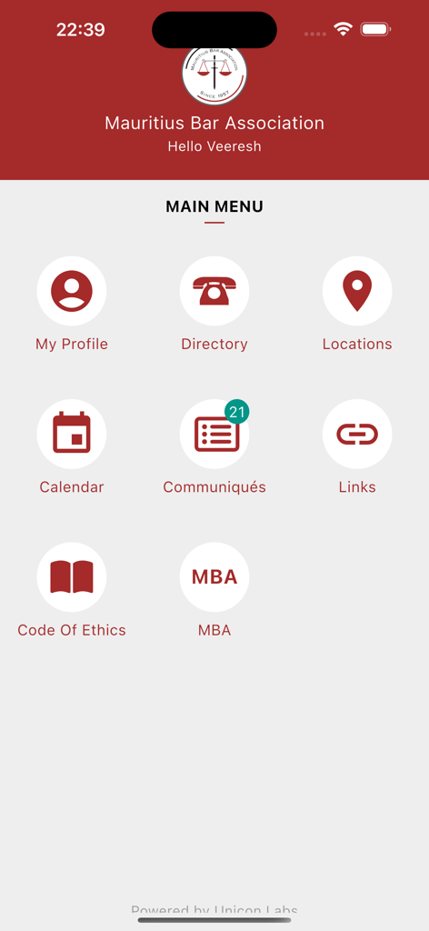 Main menu of the Mauritius Bar Association app displaying icons for member profile directory and legal resources