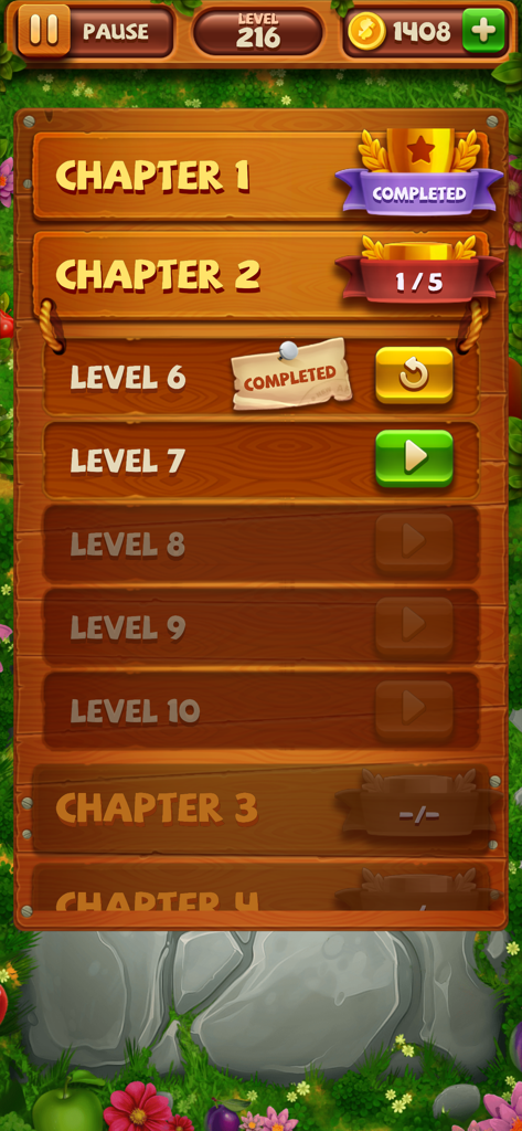 A screen from the Word Yard game showing wooden planks with chapters and levels set against a lush garden background.