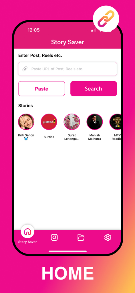 Story Saver: ig Insta Save - Home screen of the Story Saver app featuring an Instagram URL paste field and active stories for anonymous viewing