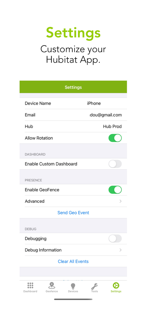 The settings screen of the Hubitat Elevation app showing geofence and dashboard customization options