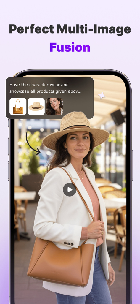 Aitubo: AI Video Generator - Aitubo app interface showing the multi-image fusion feature combining a hat and bag onto a portrait of a woman.