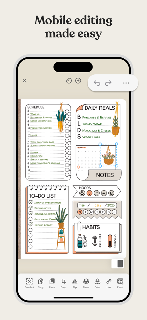 Mobile editing interface of Zinnia app featuring a colorful digital planner spread with stickers and habit trackers