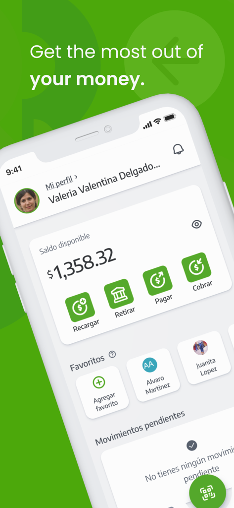 PagueloFacil - Interfaz del panel de control de la app móvil PagueloFacil mostrando un saldo de cuenta y botones de acceso rápido para transacciones financieras.