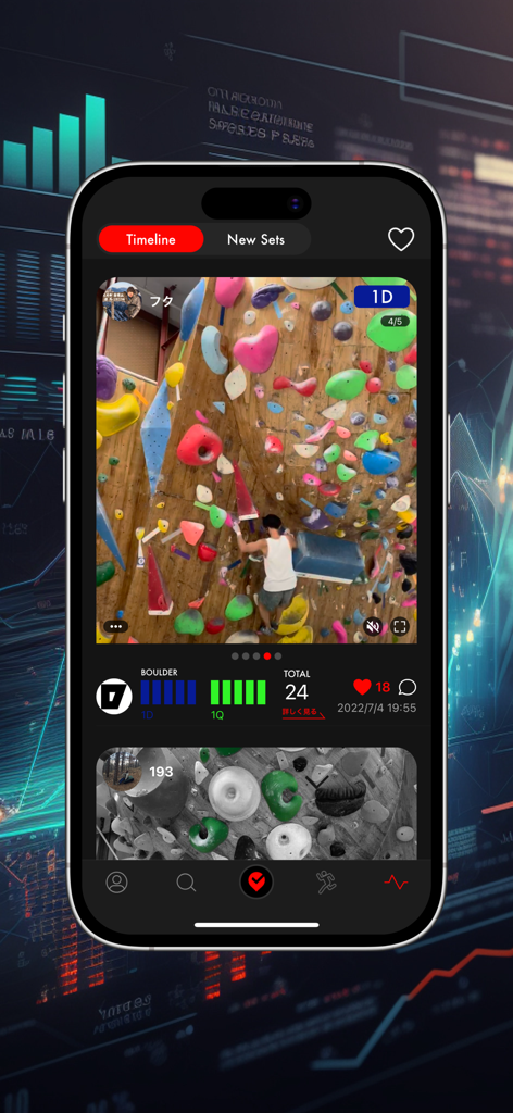 Mobile interface of Satellite climbing app showing a social timeline with bouldering videos and send statistics