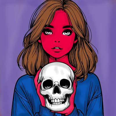 realistic girl holding a skull