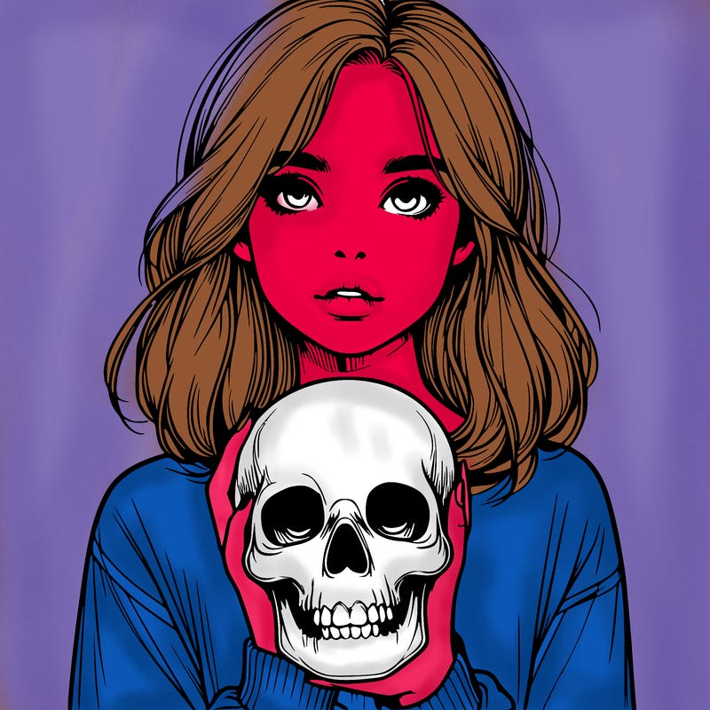 realistic girl holding a skull