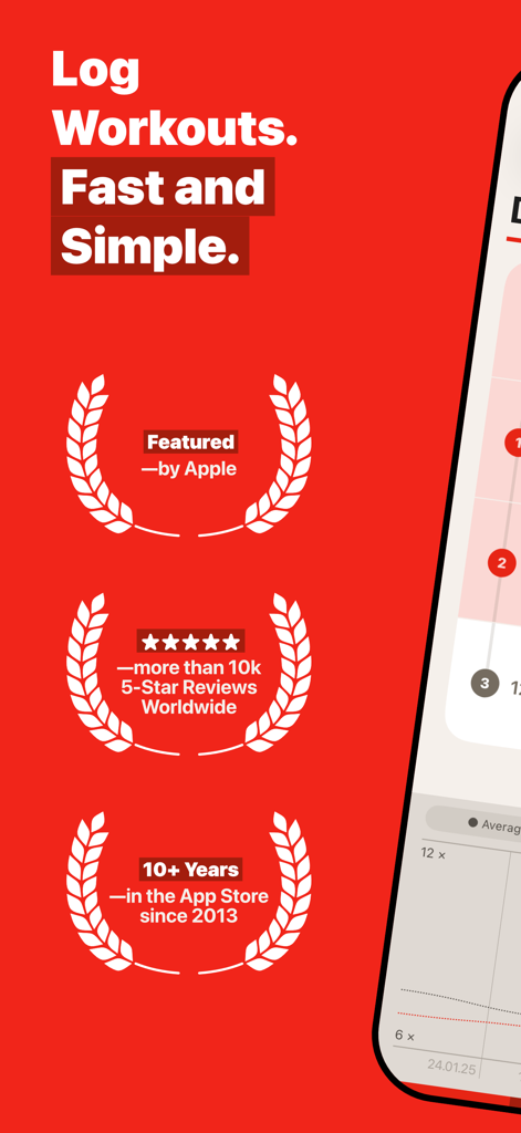 GymBook ・ Strength Training - GymBook app screen showcasing workout logging capabilities with Apple awards and 5 star ratings.