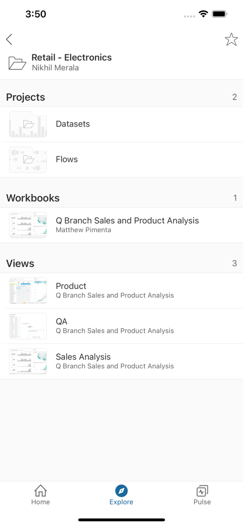 Tableau Mobile app interface showing the Explore section with retail electronics data projects and workbooks