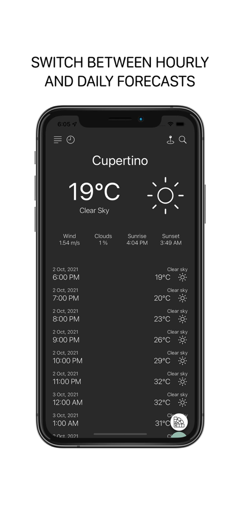 A minimalist weather app interface on an iPhone displaying hourly forecasts for Cupertino in a dark mode design.