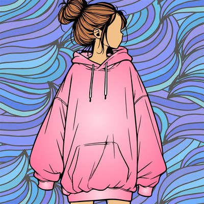 realistic girl with a oversized sweatshirt on and a bun