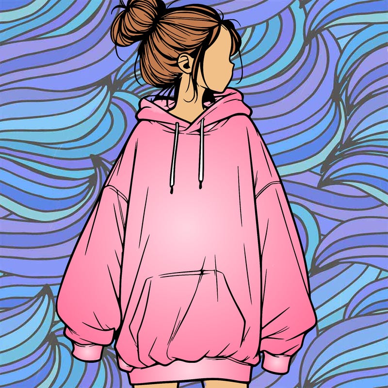 realistic girl with a oversized sweatshirt on and a bun