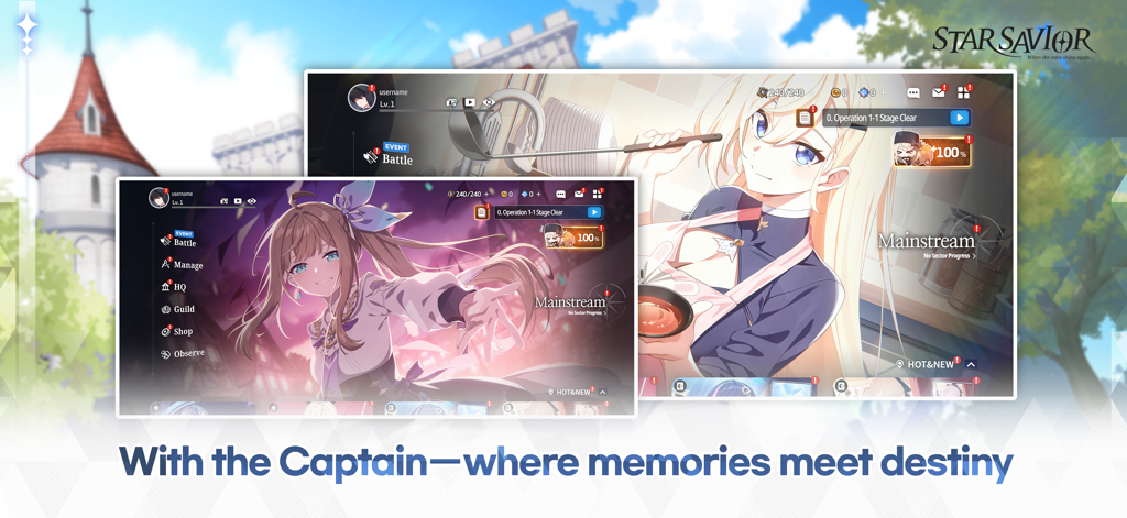 Capturas de pantalla del juego StarSavior con personajes de anime y la interfaz de usuario del juego.