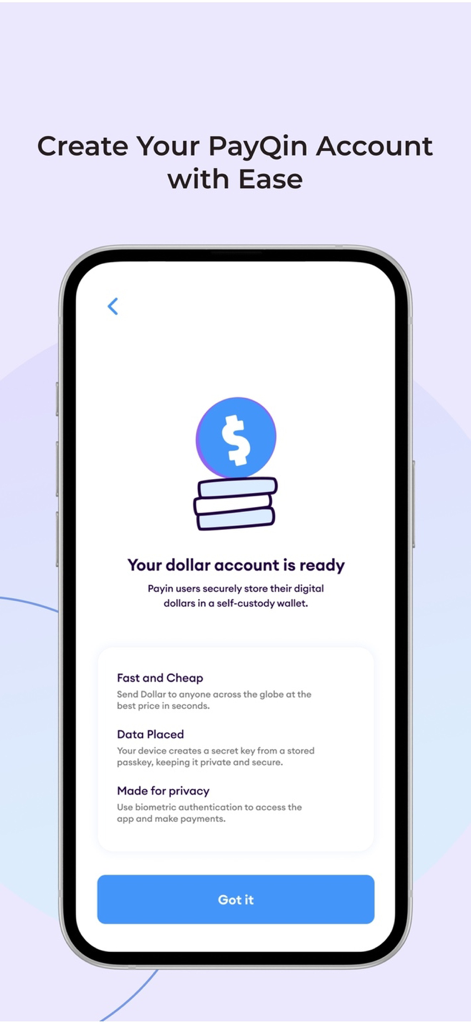 A mobile screen showing the successful creation of a PayQin digital dollar wallet
