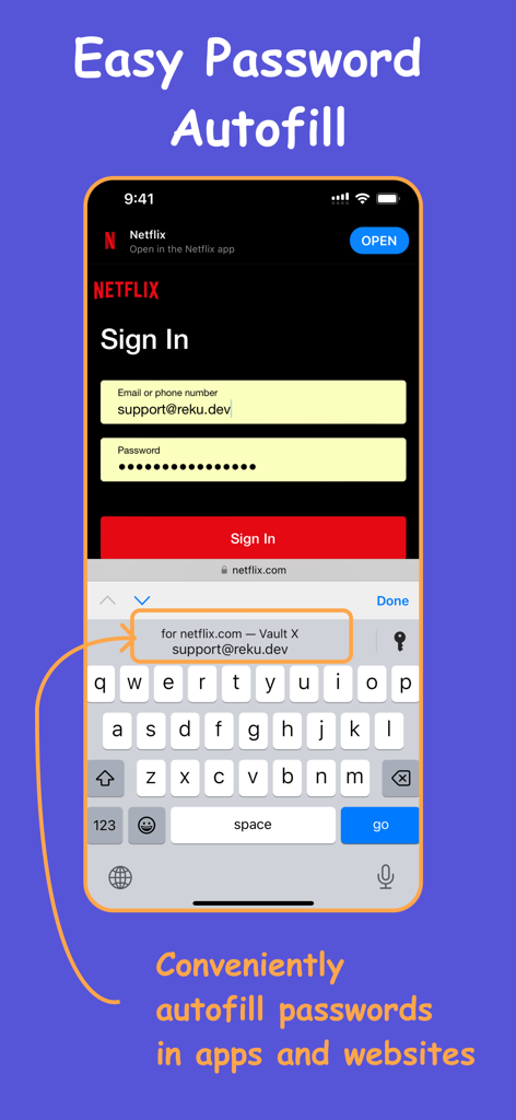 Risk Free Password Manager - iPhone screenshot showing the easy password autofill feature for a Netflix login using the Risk Free Password Manager app