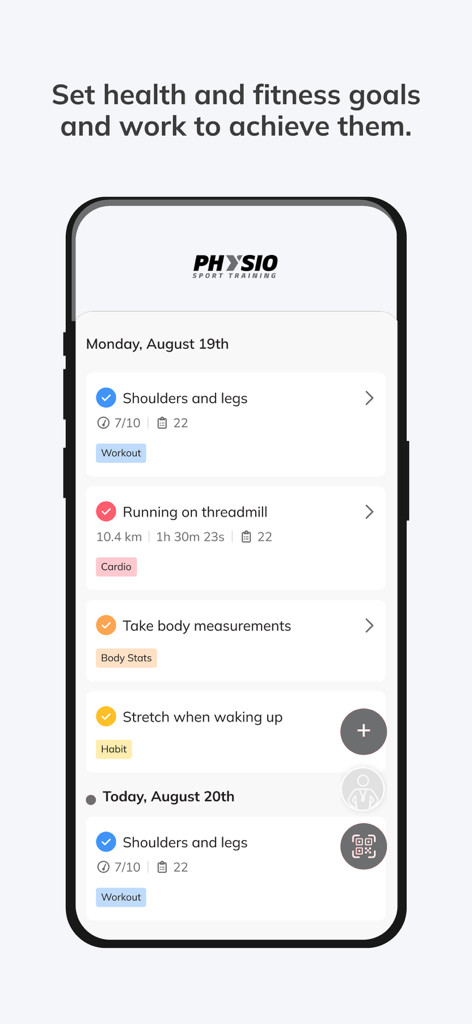 Physio Sport Training - Interfaz de la aplicación móvil que muestra un horario de fitness diario con entrenamientos completados, seguimiento de cardio y recordatorios de hábitos.