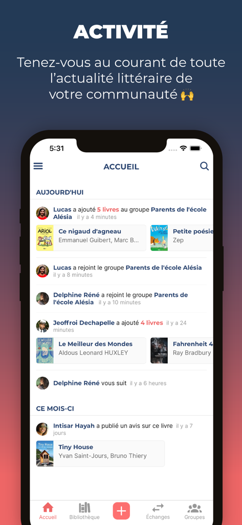 Activity feed of the MyBlio app showing book additions and group interactions.