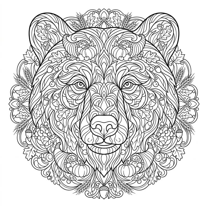 Discover the beauty of autumn with our unique Bear Mandala Thanksgiving coloring page. This intricate design blends the strength of a bear with the bounty of the harvest, offering a wonderfully relaxing coloring experience.