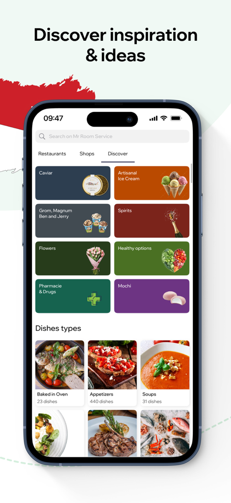 Mr Room Service app interface showing luxury food and lifestyle delivery categories
