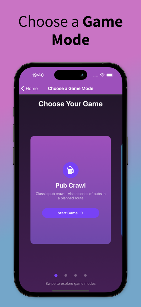 Selection screen in the PubCrawl Roulette app showing the classic Pub Crawl game mode option