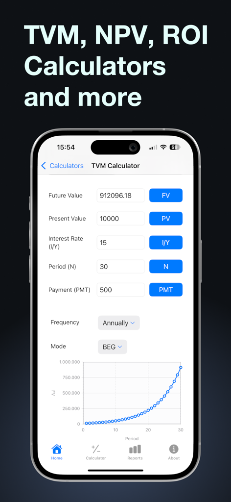 미래 가치 성장 그래프와 함께 TVM 계산기 인터페이스를 보여주는 BA 재무 계산기 Plus 앱