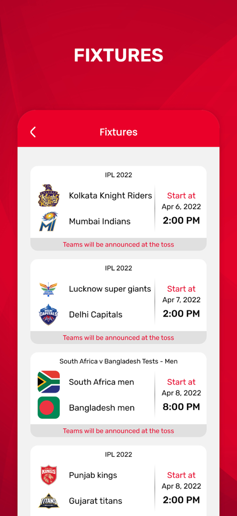 Dream Team 11 Live Cricket - 팀 로고와 시작 시간이 포함된 예정된 IPL 및 국제 크리켓 경기 목록을 보여주는 경기 일정 화면