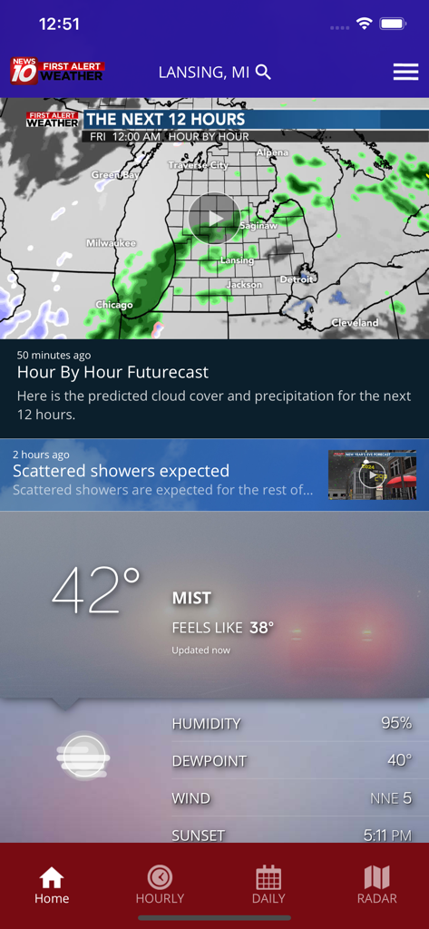 WILX First Alert Weather app displaying current conditions and futurecast for Lansing Michigan