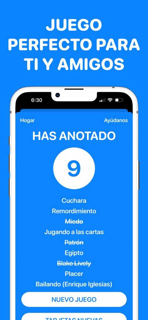 Score screen of Charades Spanish mobile game showing 9 points and word list