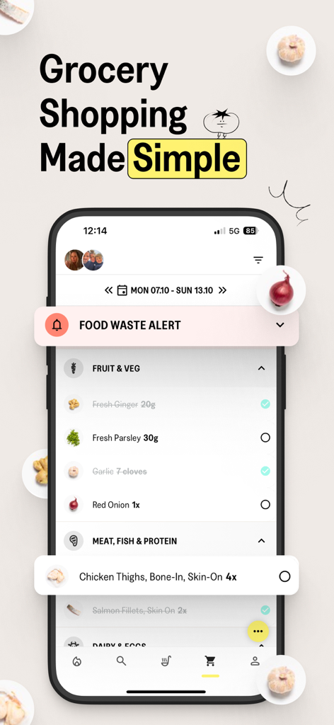 Sidekick by Sorted Food - Sidekick app interface displaying an organized grocery shopping list with a food waste alert banner