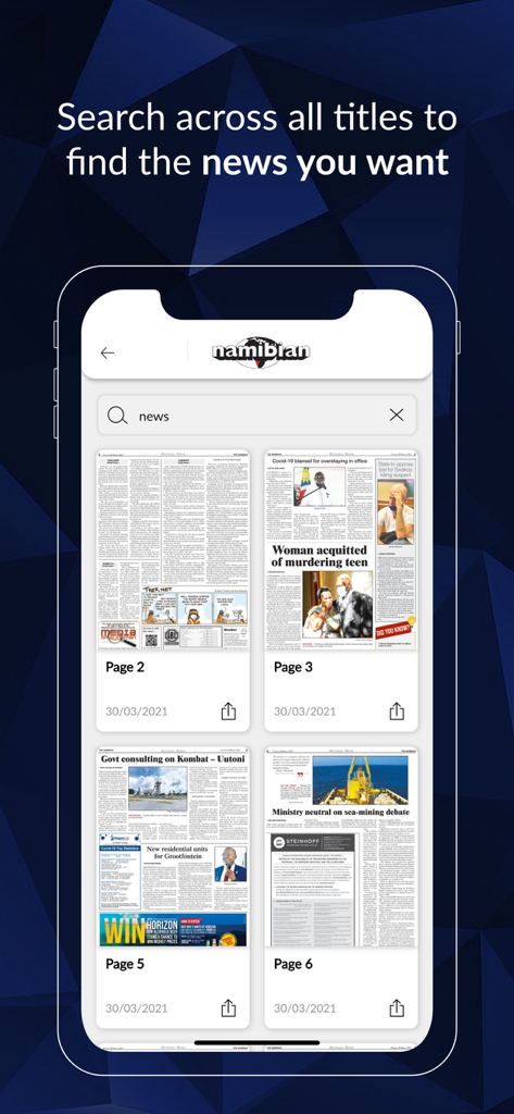 The search interface of The Namibian app showing a grid of digitized newspaper pages based on a news query