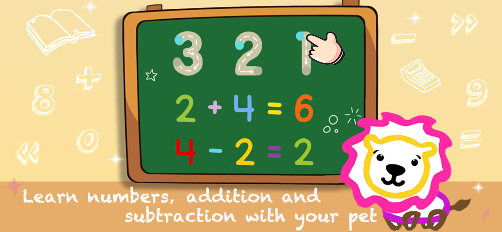 Drawing Games For Kids App - Trazando números y aprendiendo sumas y restas en una pizarra con un león de dibujos animados.