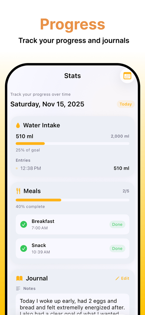 Meal Reminder - MealNow - Dashboard of MealNow app showing water intake progress, completed meal checklist, and a journal entry.