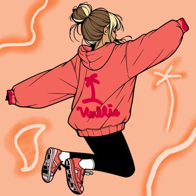 realistic girl jumping with a bun and oversized sweatshirt