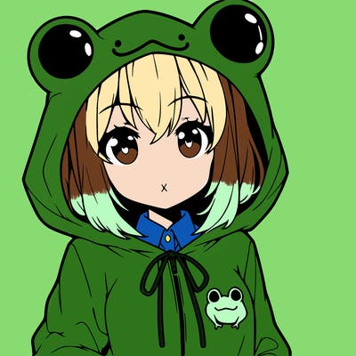 an anime girl wearing a frog hoodie