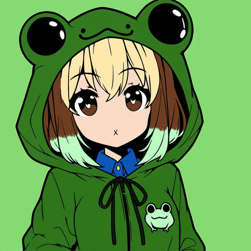 an anime girl wearing a frog hoodie
