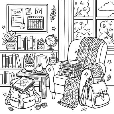 Dive into the inviting world of learning with this charming back-to-school coloring page. It captures the comforting essence of a cozy study nook, perfect for young artists to personalize with vibrant colors.