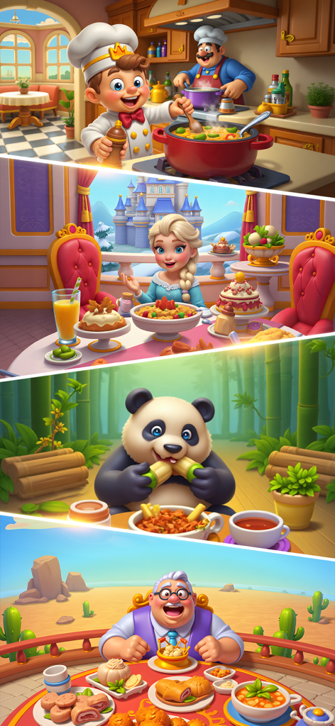 Chef Treat - A collage showing different themed kitchens and characters in Chef Treat including a professional kitchen a royal banquet a panda in a bamboo forest and a desert feast