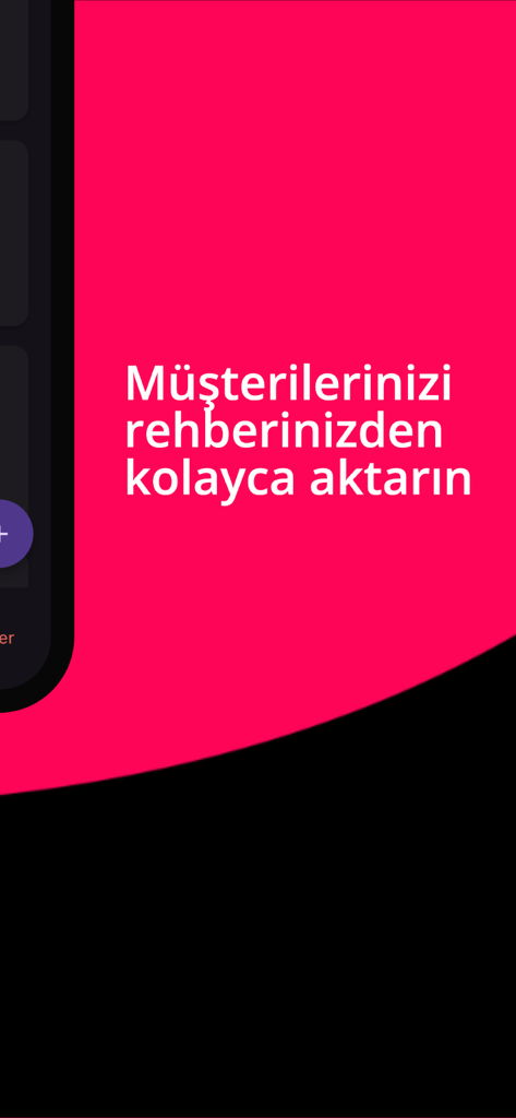 Takvim -  Randevu Takip - A promotional screen for the Takvim app showing text about easily importing customers from a contact list on a bright pink background.