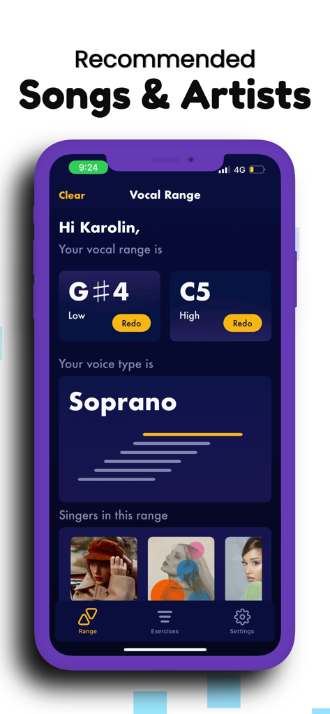 Vocal Range Finder - Sing Whiz - A mobile app screen displaying a soprano vocal range with recommended artists like Taylor Swift and Ariana Grande.