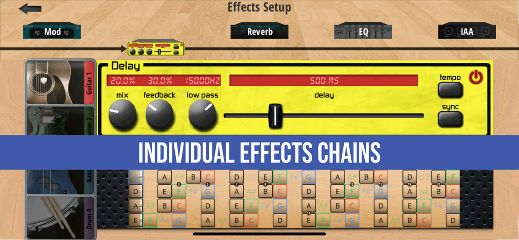 Jam Maestro app interface showing individual music effects chains and a delay pedal setup