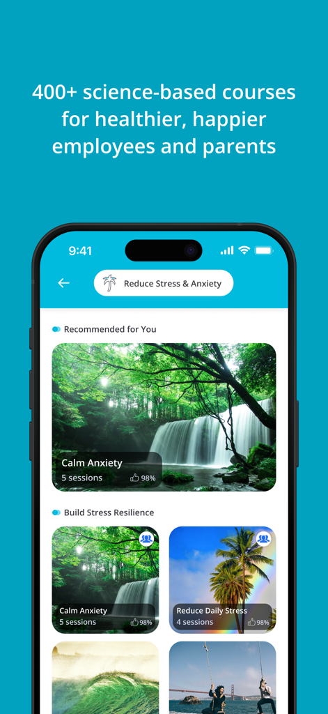 RethinkCare - RethinkCare app interface showing science-based courses for stress and anxiety reduction for parents and employees