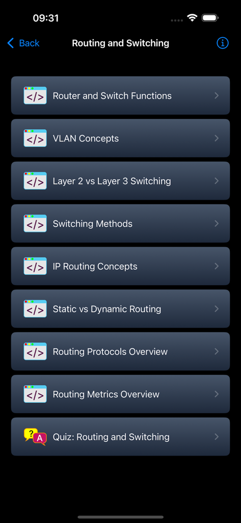 Learn Computer Networking - List of routing and switching topics and quiz in the networking app