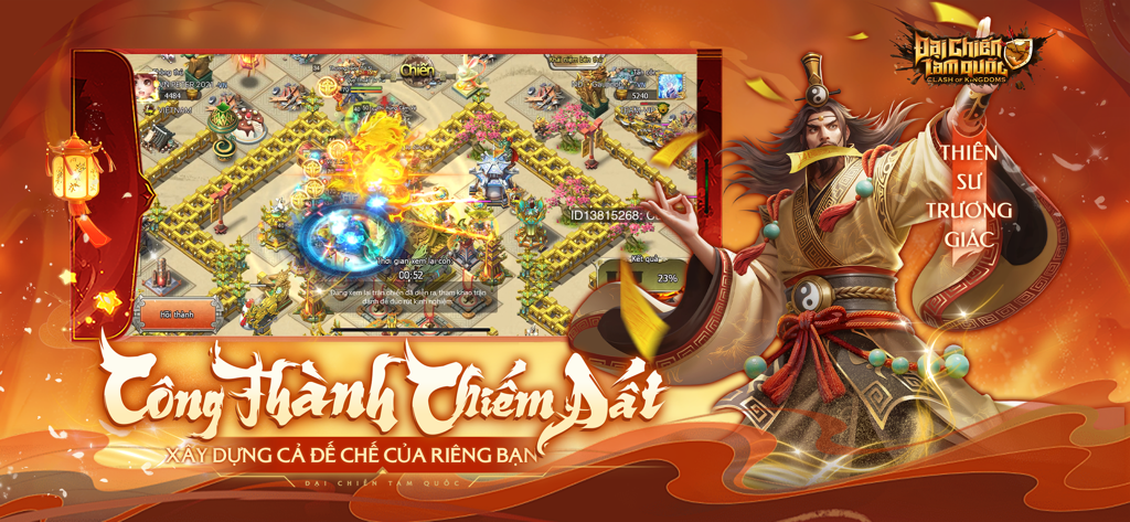 Base building gameplay and legendary general from the Three Kingdoms mobile strategy game