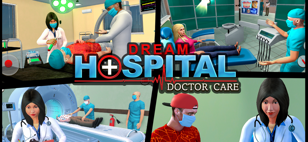 Gameplay di simulazione ospedaliera 3D che mostra medici che eseguono interventi chirurgici e controlli dei pazienti