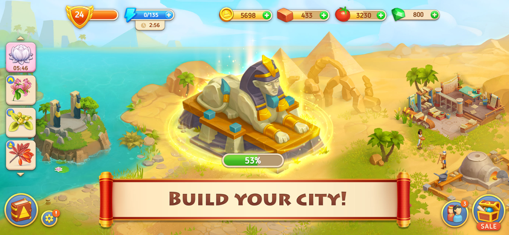 Ancient Egypt city building scene in Cradle of Empires featuring a glowing Sphinx statue under construction and pyramids in the background.